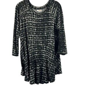 Tianello Women's Top Blouse Size Large Black White Stretch 3/4 Sleeve‎ A Line